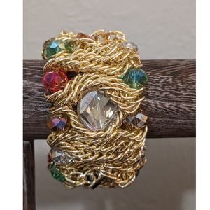 Bold Chunky Jeweled Gold Tone Woven Chain Stretch Bracelet